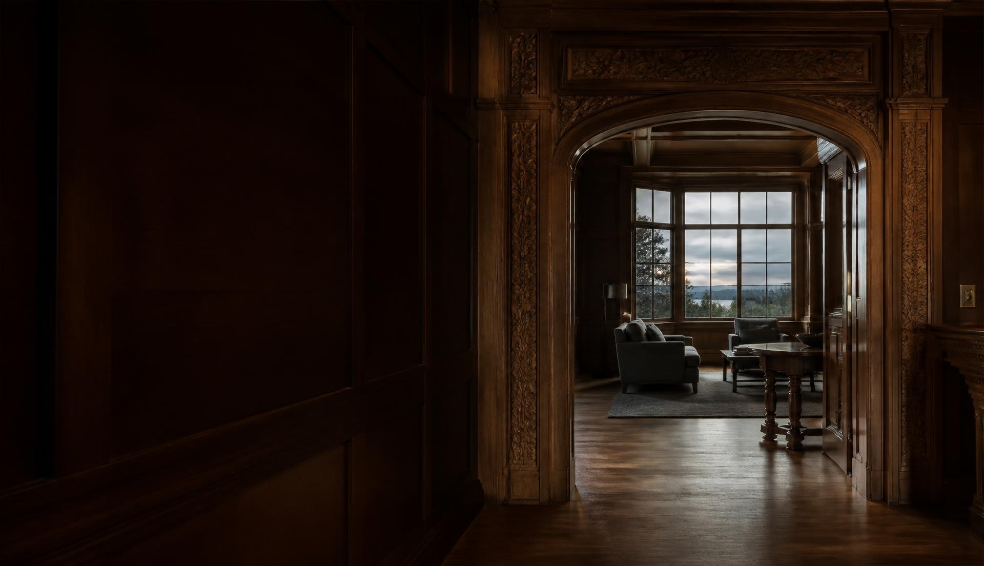 Warm wood-paneled private estate interior